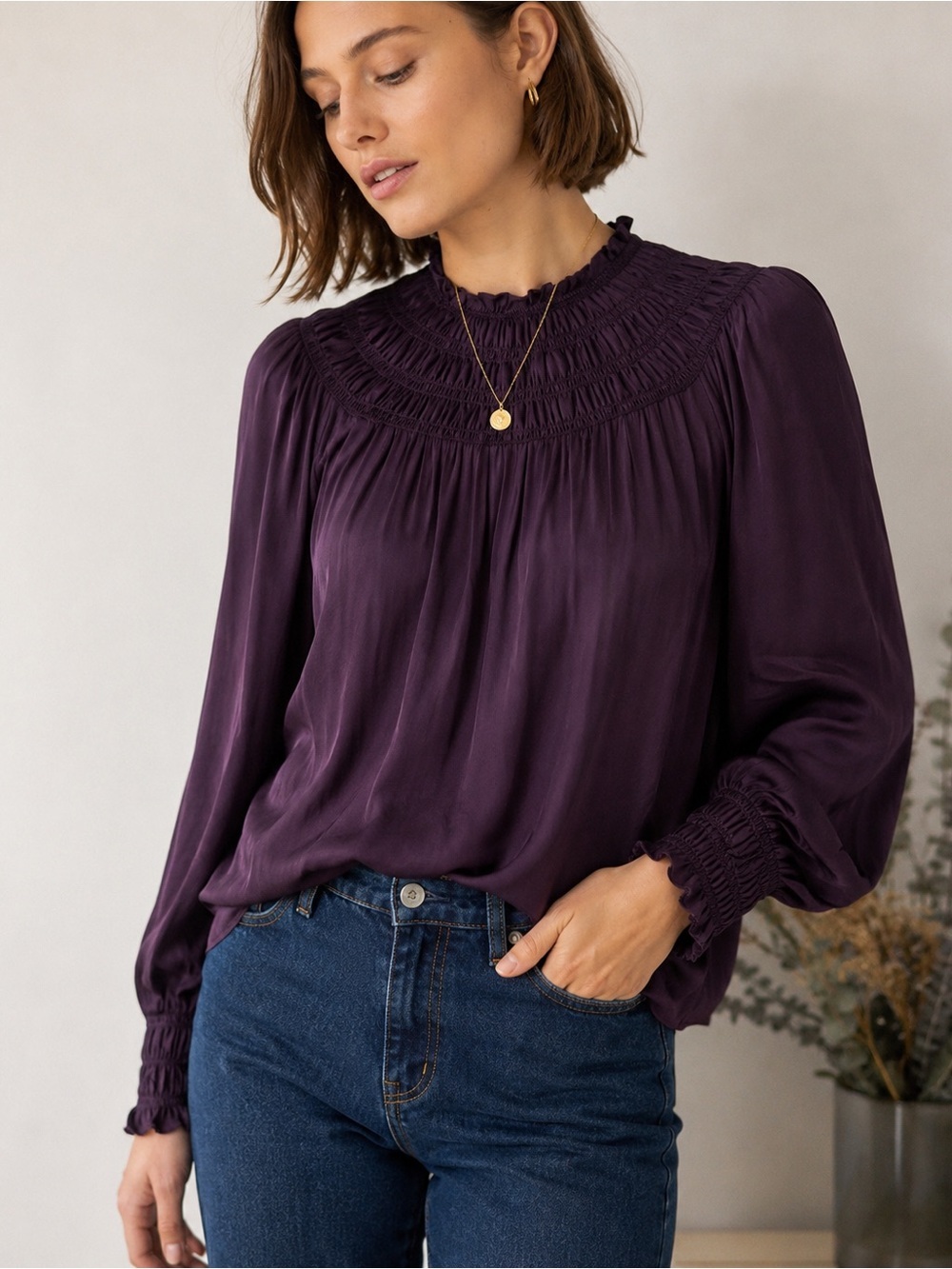 Boden Smocked Yoke Romantic Blouse Eggplant Purple